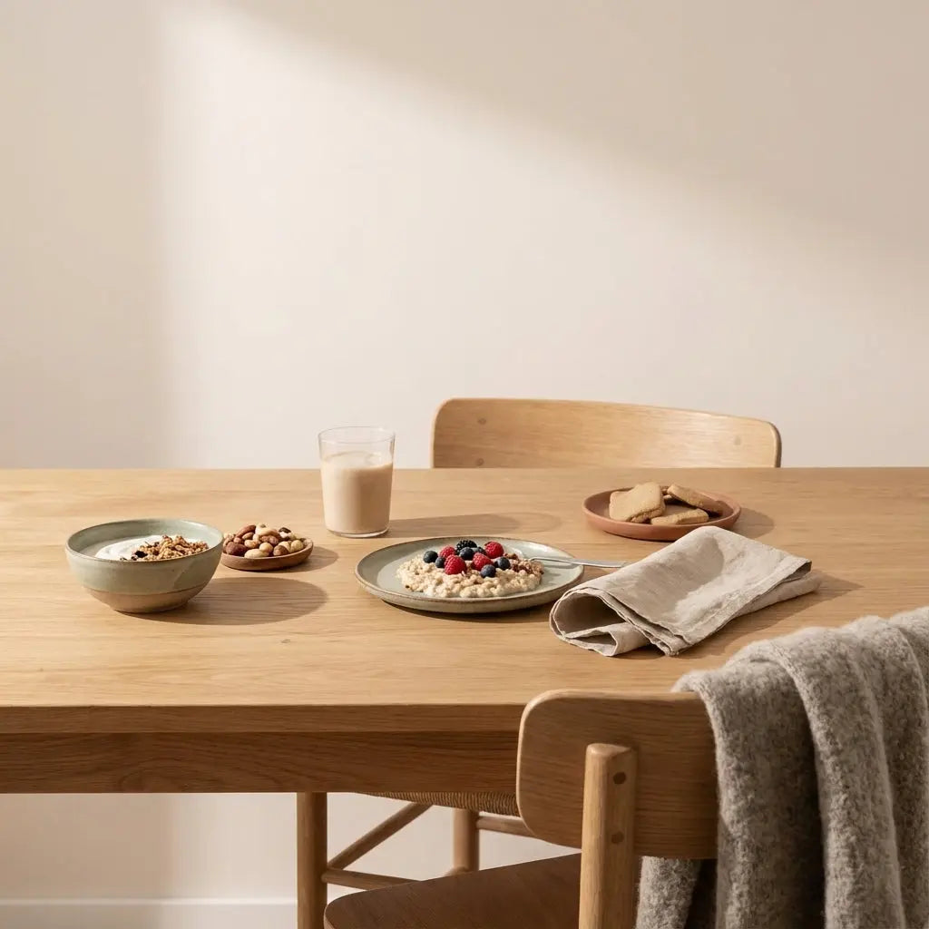 Kann man in den Wechseljahren Muskeln aufbauen? Minimalistische europäische Küche im Morgenlicht mit nachhaltigem Holztisch, veganem Haferbrei, Joghurt-Alternative, Nüssen und Proteinshake.