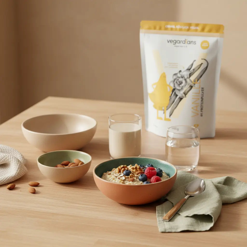 Realistische Frühstücksszene mit Haferflocken, Nüssen, Beeren, Glas Wasser und neutralem Proteinshake auf nachhaltigem Holztisch – kann man mit 50 jahren noch muskeln aufbauen?