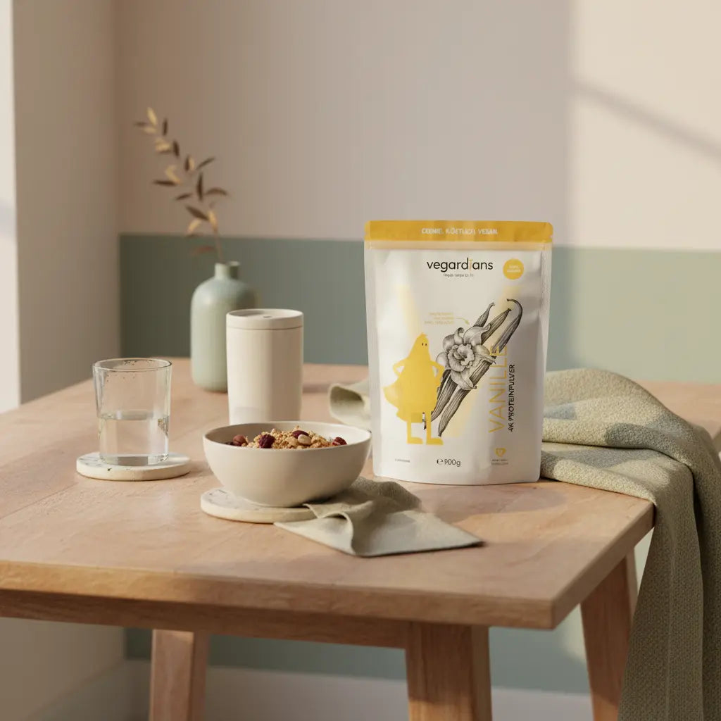 Ruhiges Morgenesszimmer mit Holztisch, Glas Wasser, Müsli, veganem Shake und dem Produkt aus den Referenzfotos in minimalistischer Komposition. Kann man mit 60 noch ins Fitnessstudio gehen?