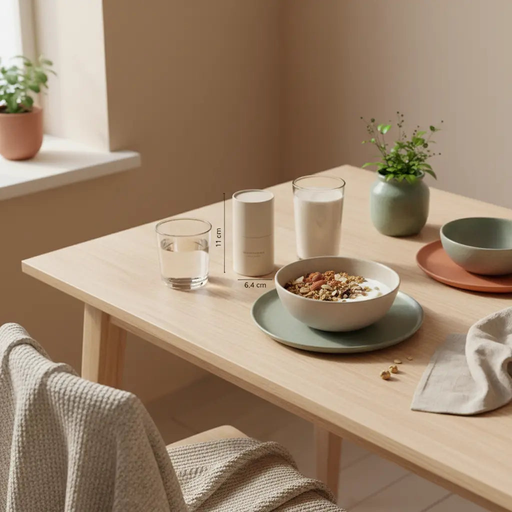 Kann man mit einer veganen Ernährung Muskeln aufbauen? Minimalistisches Frühstück in europäischer Küche mit Granola, Sojajoghurt, Nüssen, Glas Wasser und Shake, sanftes Morgenlicht, Beige/Salbei/Terrakotta.