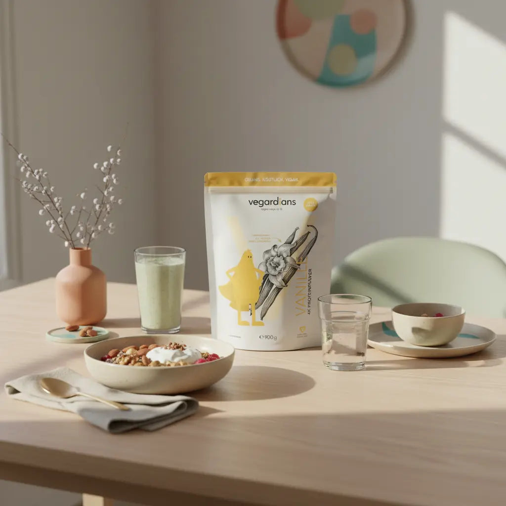 Kann man mit viel Eiweiß Abnehmen? Vegane proteinreiche Frühstücksszene auf nachhaltigem Holztisch in sanftem Morgenlicht mit Keramikschale, Shake und Leinenserviette, Hintergrund #F7EDE6