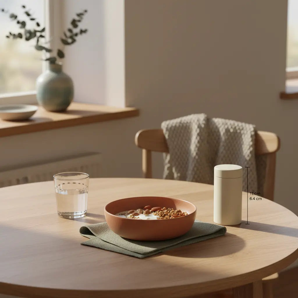 Veganer Frühstückstisch in europäischer Küche mit Granola, Pflanzenjoghurt, Nüssen und Shake in ruhiger, nachhaltiger Ästhetik — kann man muskeln ohne eiweiß aufbauen