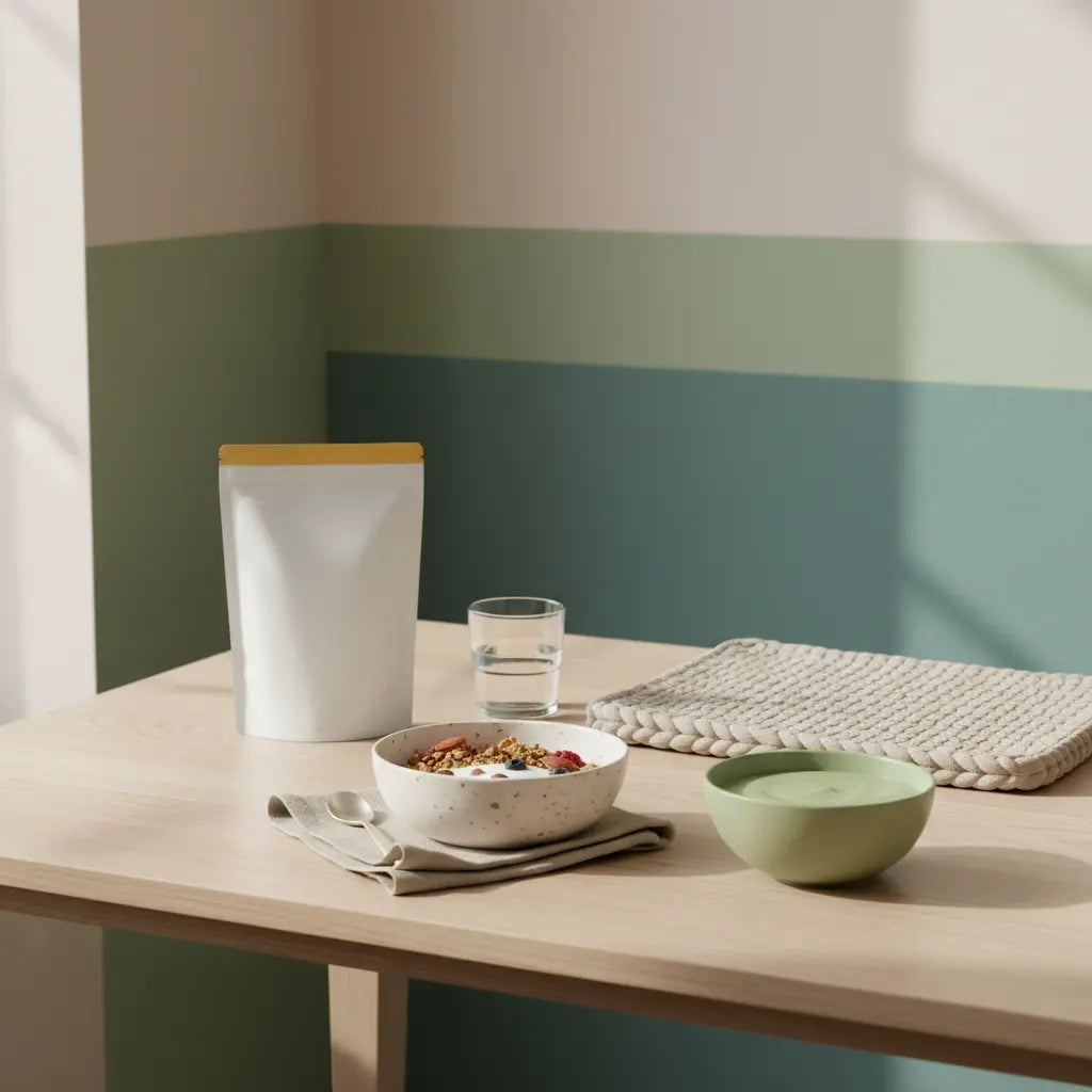 Veganes proteinreiches Frühstück auf nachhaltigem Holztisch im sanften Morgenlicht mit Glas Wasser und Proteinshake – Kann Muskelaufbau beim Fettabbau helfen