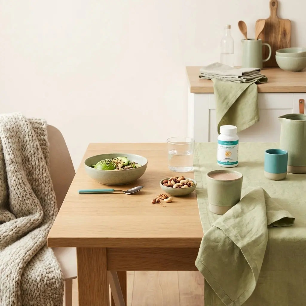 Veganes Keto‑Frühstück mit Avocadobowl, Nüssen und Proteinshake auf nachhaltigem Holztisch im Morgenlicht – keto ohne rotes fleisch, minimalistisch und nährend.