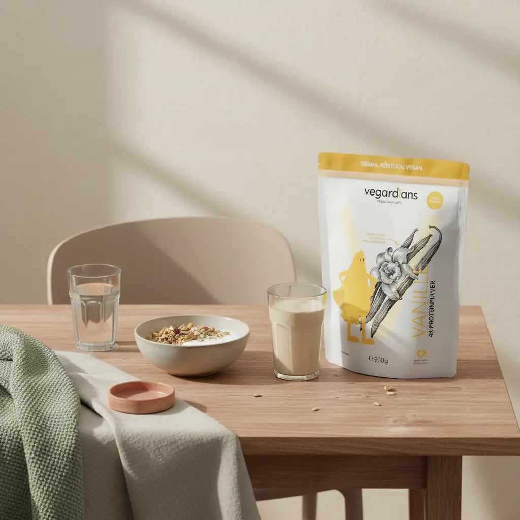 Minimalistische europäische Morgenszene auf Holztisch mit Glas Wasser, Schale Müsli, pflanzlichem Proteinshake und dem Produkt aus den Referenzfotos; ruhige Farbpalette, Motiv: Kilometer pro Woche abnehmen.