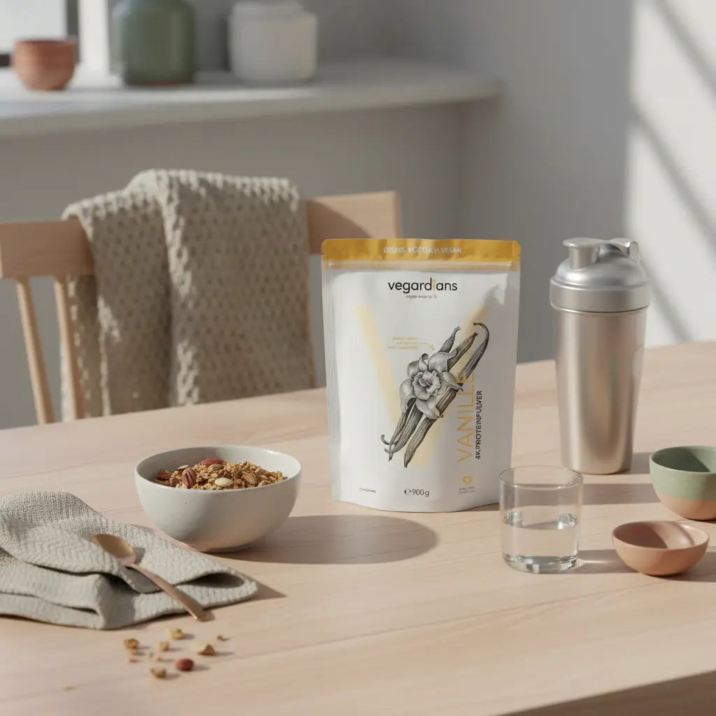 Realistische Morgen-Küchenszene mit Müsli, Nüssen, Wasserglas und Vegardians-Produkt auf Holztisch in ruhiger Atmosphäre — Koffeingehalt Pre-Workout