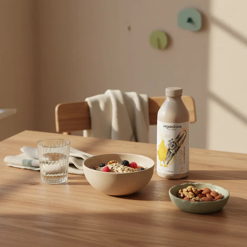 Minimalistisches Frühstück auf Holztisch mit Müsli, Glas Wasser, Nüssen und Vegardians-Produkt; Fokus auf Kohlenhydrate beim Abnehmen.