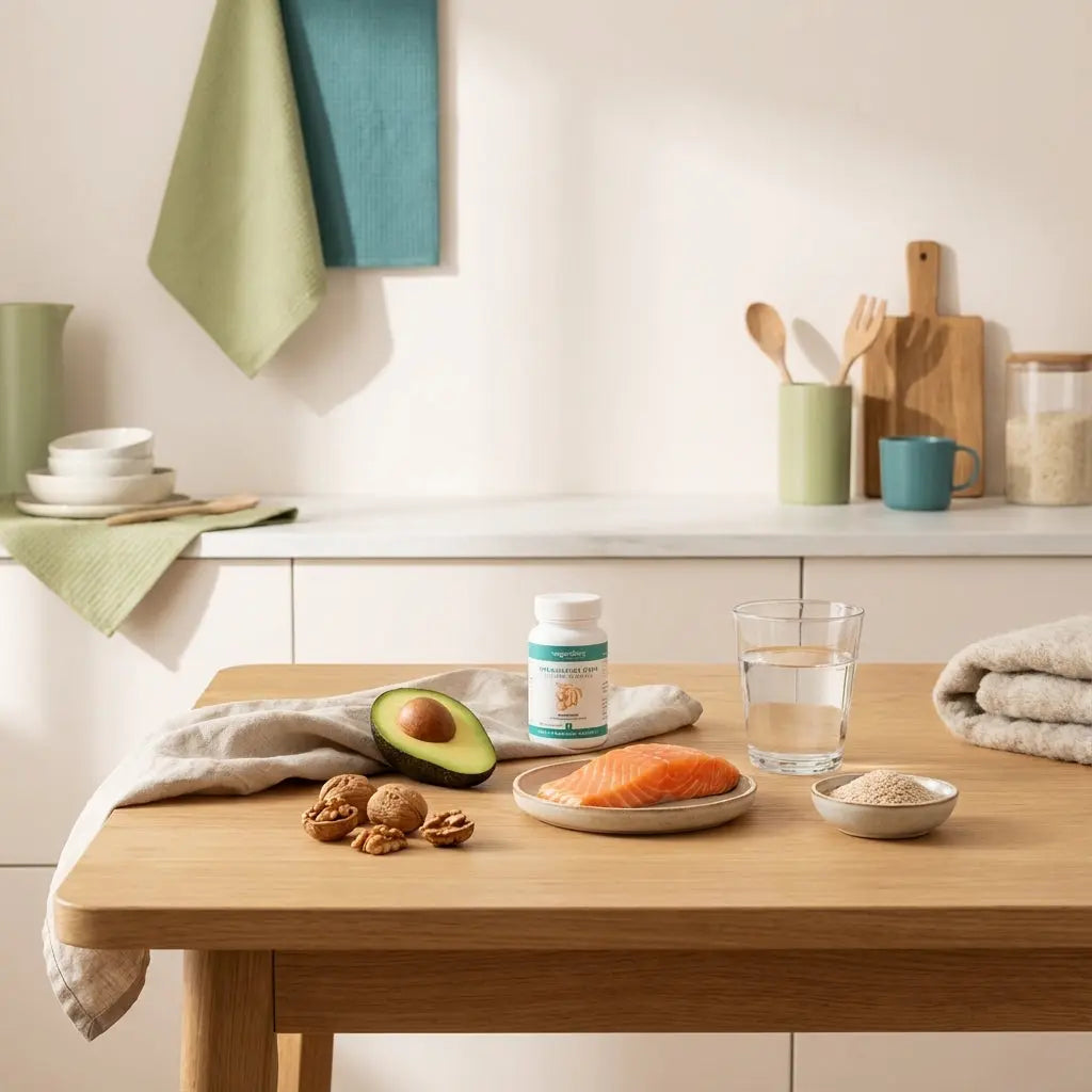 Minimalistischer Holztisch mit kohlenhydratearmen Zutaten: Avocado, Lachsfilet, Nüsse, Flohsamenschalen, Glas Wasser und neutrales Leinentuch im sanften Morgenlicht.