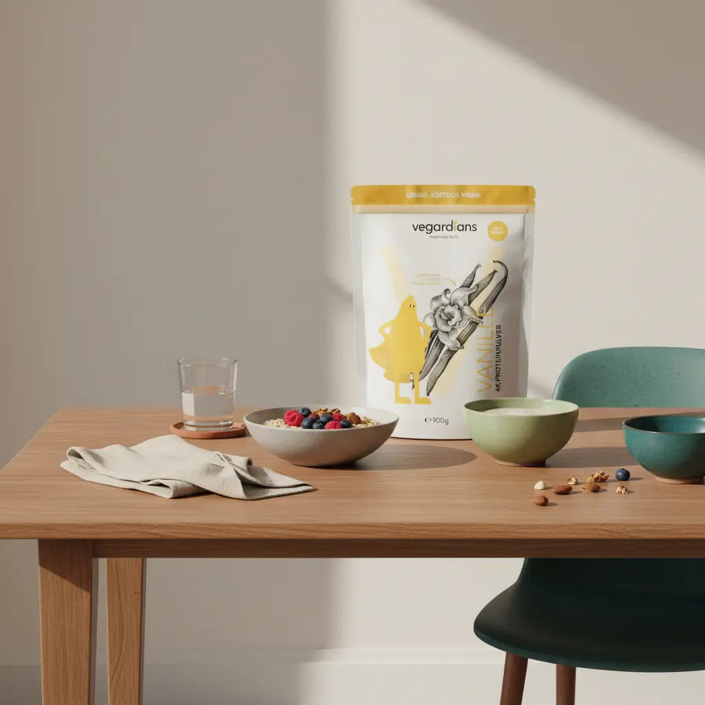 Minimalistische Morgenküche: nachhaltiger Holztisch mit Glas Wasser, Hafer mit Beeren, veganer Shake und Vegardians-Produkt – Körperfett schnell reduzieren