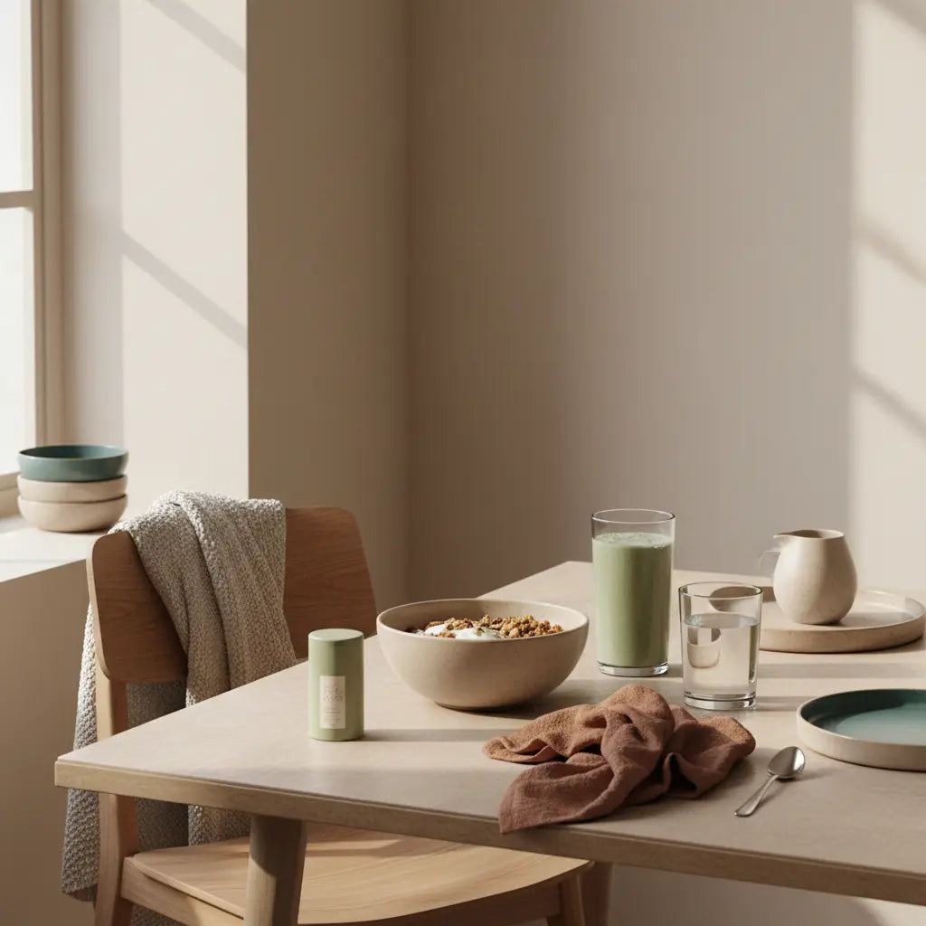 Minimalistisches Frühstück in europäischer Küche mit Granola, Joghurt, Nüssen und Shake auf nachhaltigem Tisch in Vegardians-Farben, körperveränderung nach 2 wochen sport