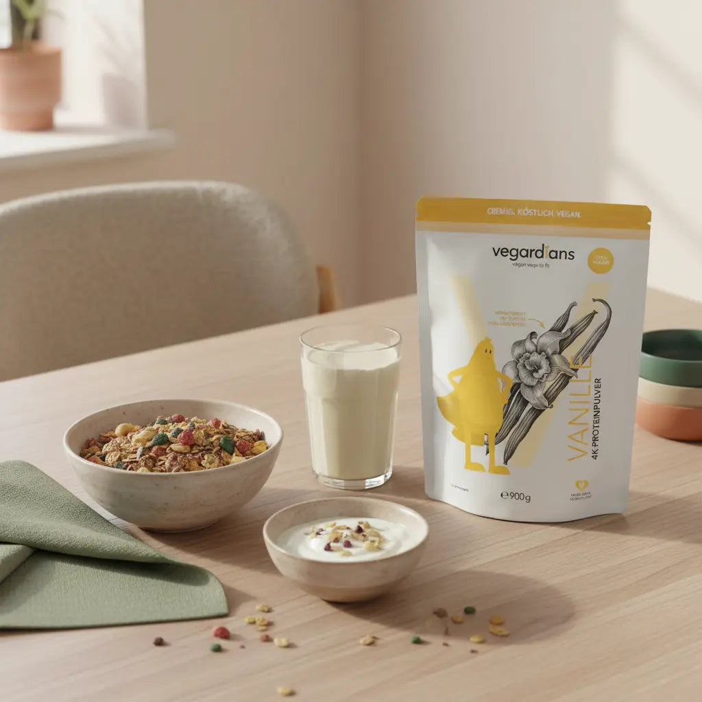 Veganes Frühstück auf Holztisch in europäischer Küche bei Morgenlicht mit Müsli, Joghurt, Nüssen, Proteinshake und Vegardians-Produkt; ruhige, nachhaltige Ästhetik. kostenlose ernährungs-app