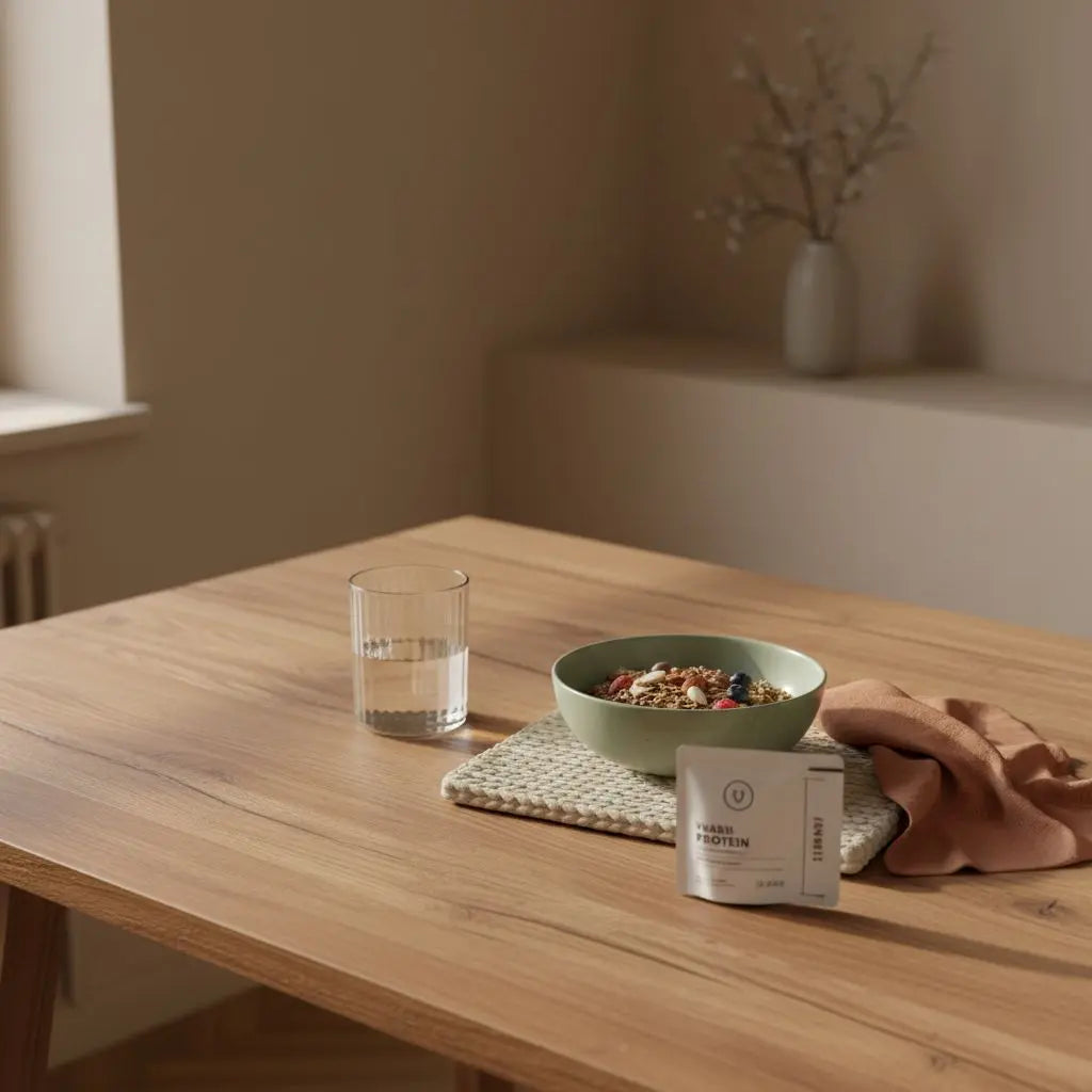 Ruhige Morgen-Küchenszene mit nachhaltigem Holztisch, veganer Müsli-Schale, Glas Wasser und kleinem Protein-Probe-Beutel für kostenlose Ernährungs-App