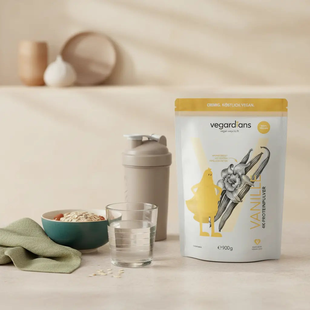 Minimalistische Morgen-Küchenszene mit Glas Wasser, Schale Haferflocken mit Nüssen und Proteinshake (Das Produkt aus den Referenzfotos) – ideal für Krafttraining ab 60.