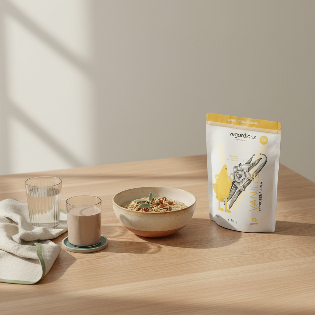 Krafttraining Frauen: Minimalistische europäische Küche im Morgenlicht mit Holztisch, Glas Wasser, Protein‑Shake, Haferflocken, Nüssen und veganer Protein‑Dose.