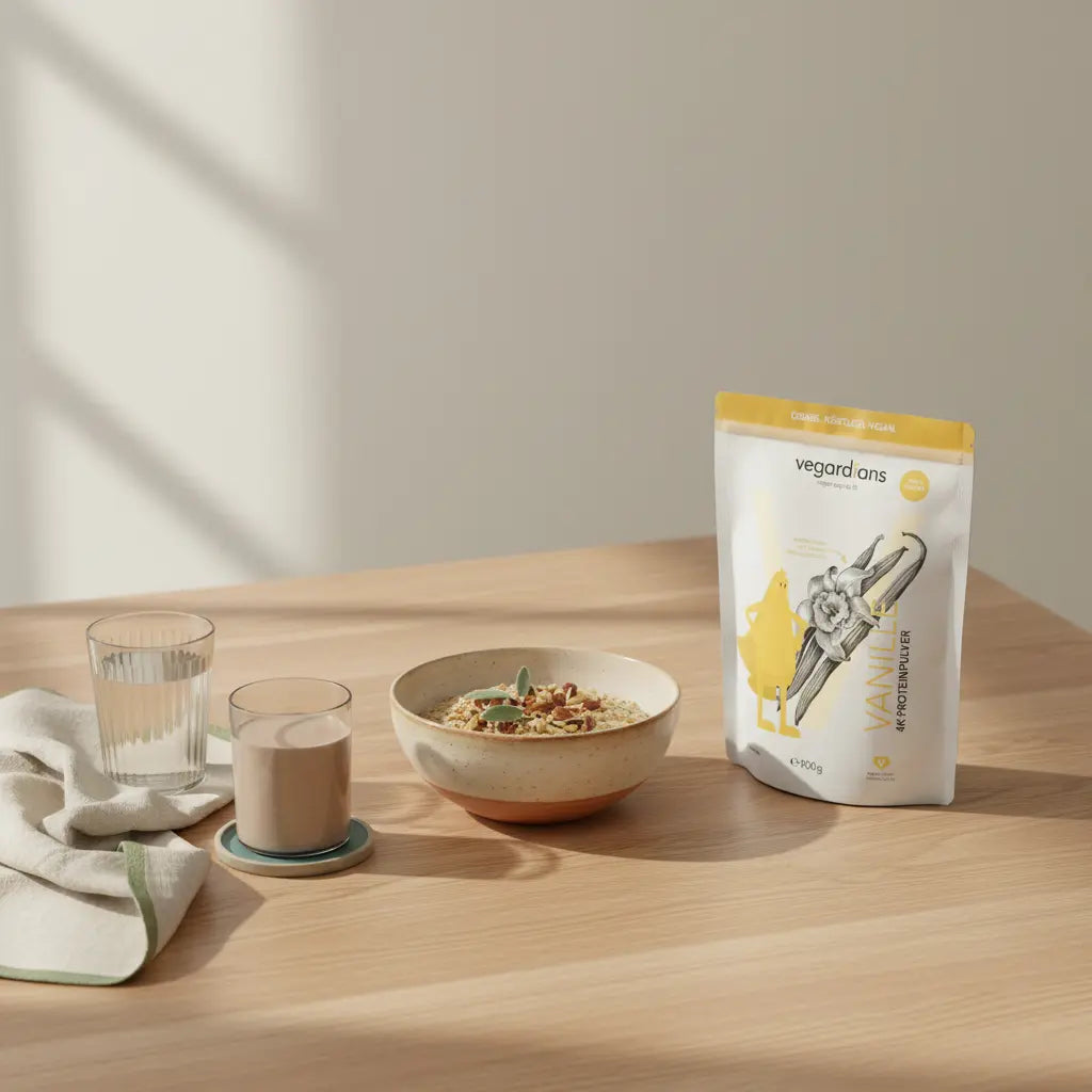 Krafttraining Frauen: Minimalistische europäische Küche im Morgenlicht mit Holztisch, Glas Wasser, Protein‑Shake, Haferflocken, Nüssen und veganer Protein‑Dose.