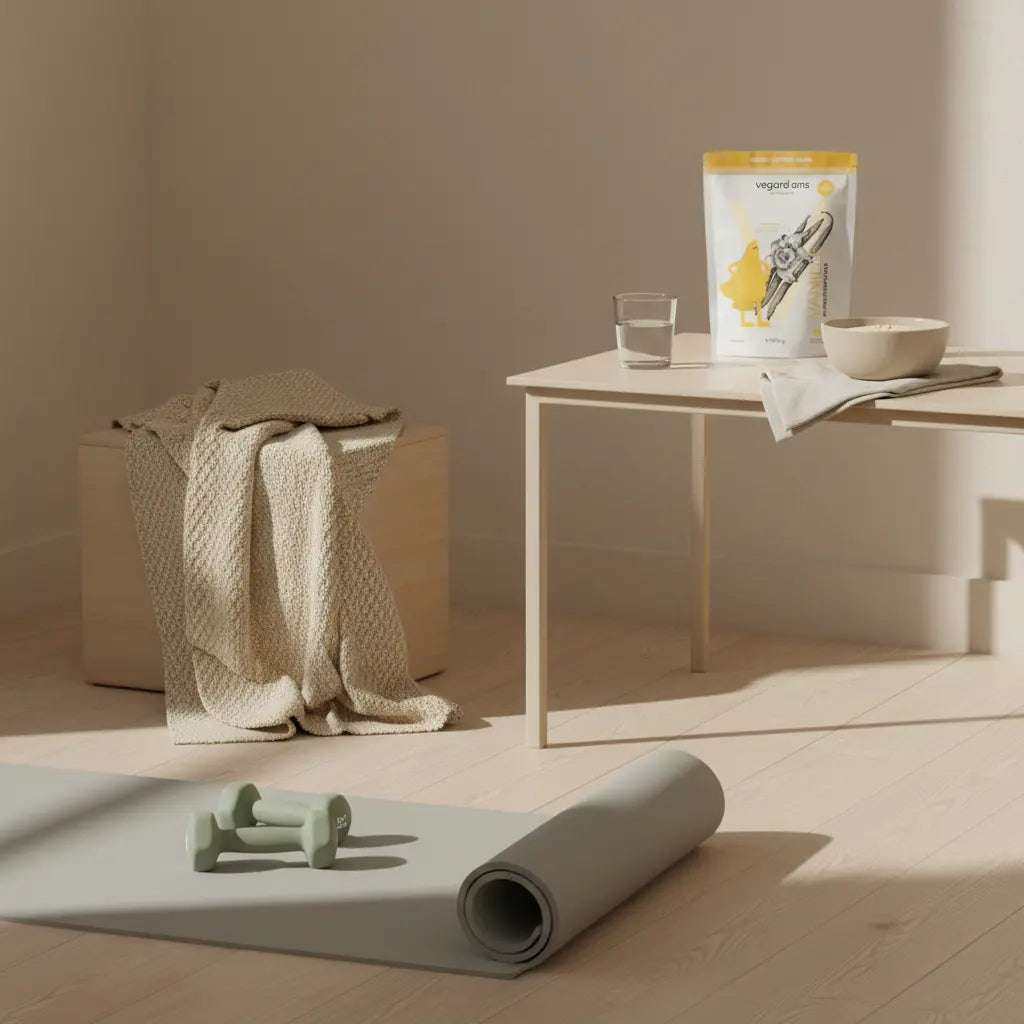 Minimalistische Heimtrainingsszene mit Matte, Hanteln, Holzkiste, Glas Wasser und Protein‑Shake auf Tisch – ideal für krafttraining für anfänger.