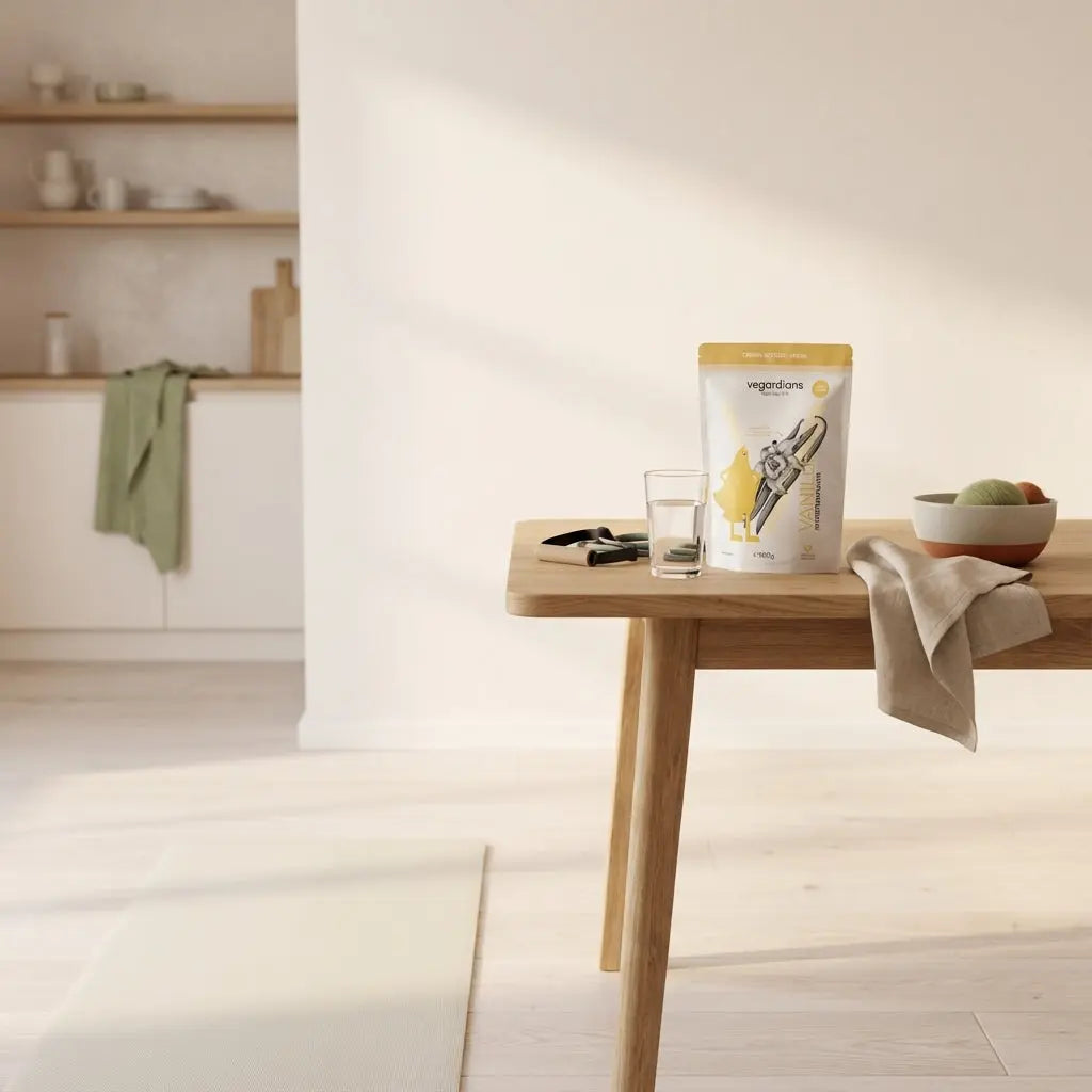 Minimalistische Morgenszene mit Matte, Glas Wasser, Proteinshake (Das Produkt aus den Referenzfotos) und Widerstandsbändern auf nachhaltigem Holztisch in salbei und Beige – krafttraining für frauen