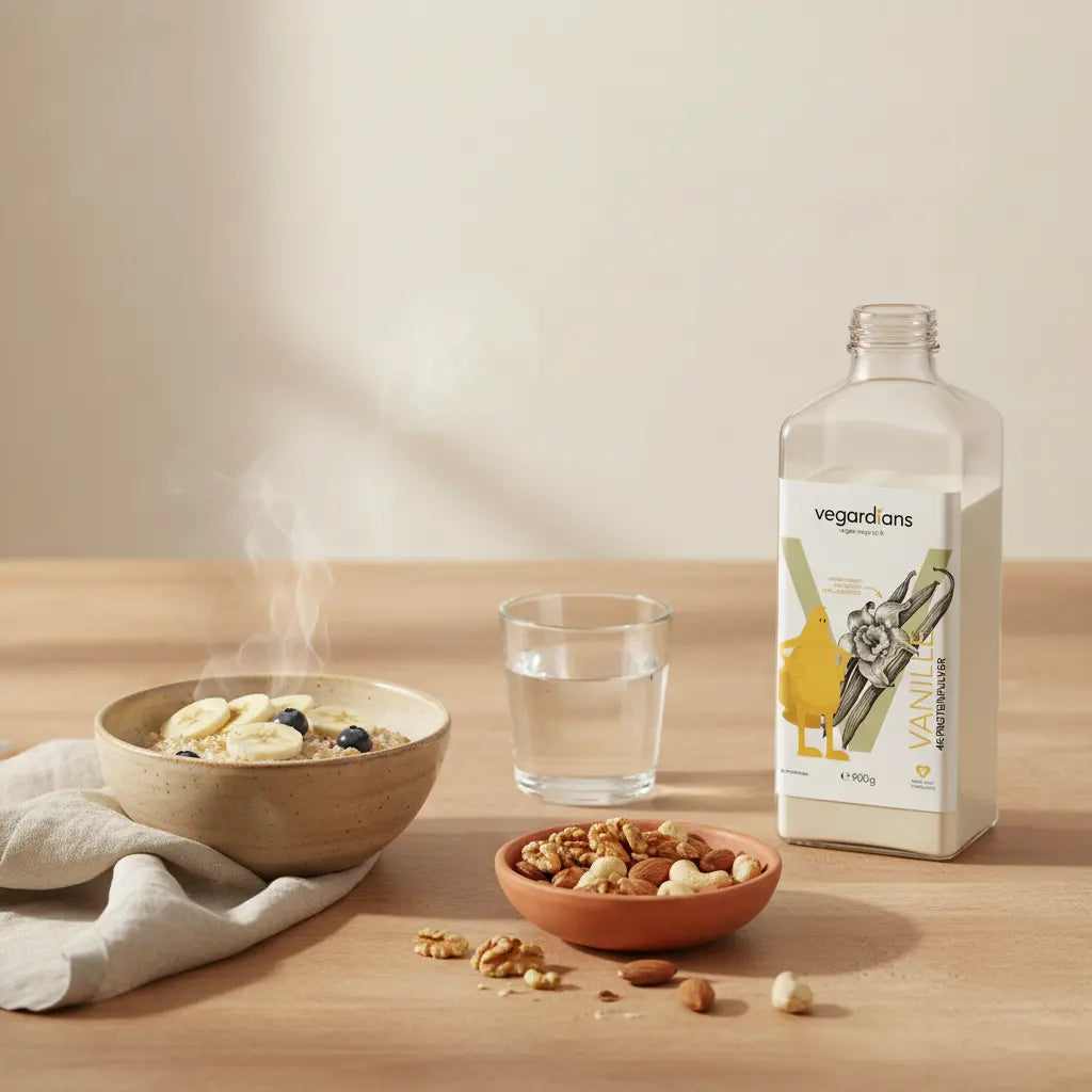 Minimalistische Küchenszene mit Haferbrei, Nüssen und pflanzlichem Proteinshake in Glasflasche – ruhig, nährend; krafttraining ohne geräte