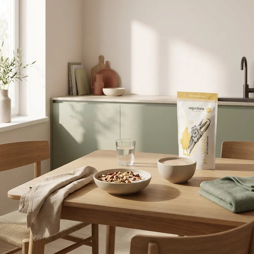 Morgendliches, minimalistisches Frühstück auf nachhaltigem Holztisch mit Glas Wasser, Müsli mit pflanzlichem Joghurt, Nüssen und Proteinshake (Produkt aus Referenz) – Krafttraining zum Abnehmen