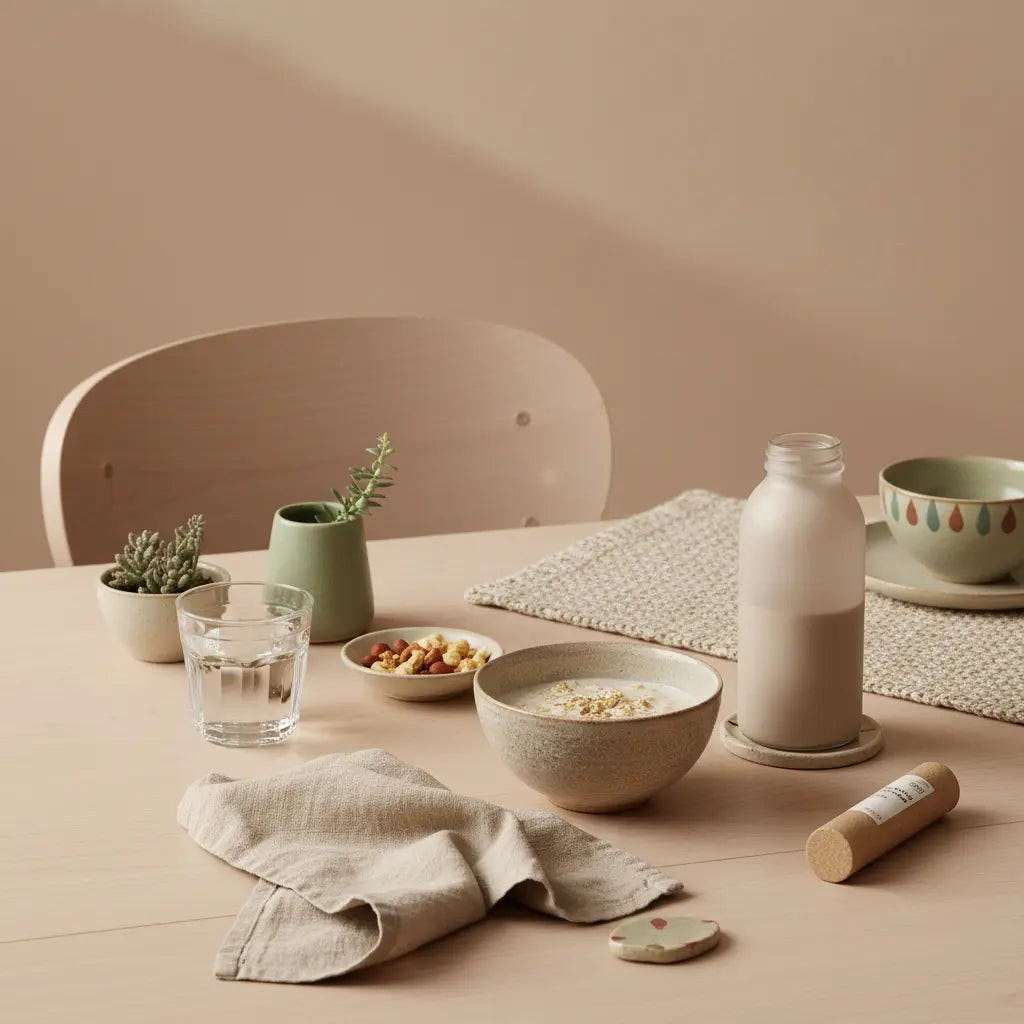 Minimalistische Küchenszene mit Haferbrei, Nüssen, Wasser, Glasshake und dem Produkt aus Referenzfotos in Vegardians-Farben – ideal für Kreatin Muskelaufbau.