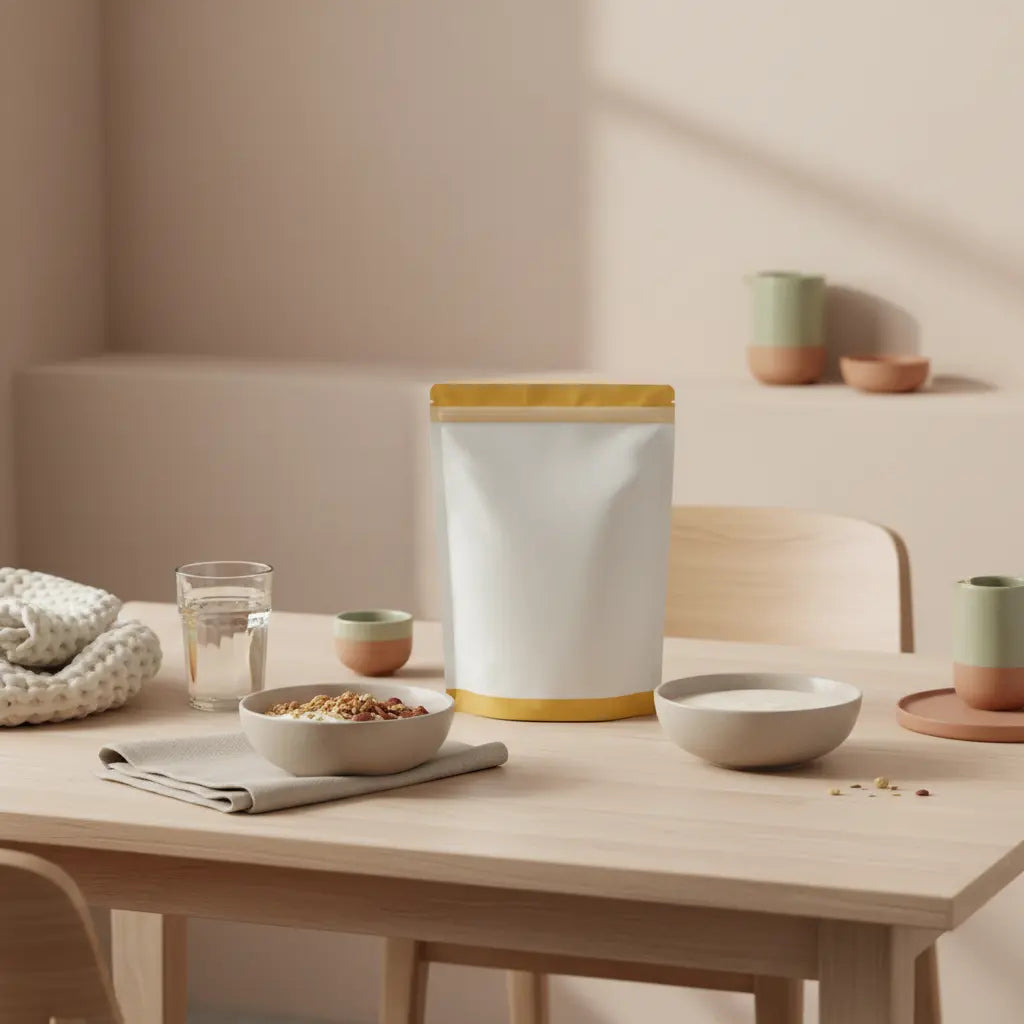 Minimalistisches Küchenstillleben mit Kreatin-Produkt, veganem Müsli, Glas Wasser und Keramikschale im sanften Morgenlicht auf nachhaltigem Tisch.