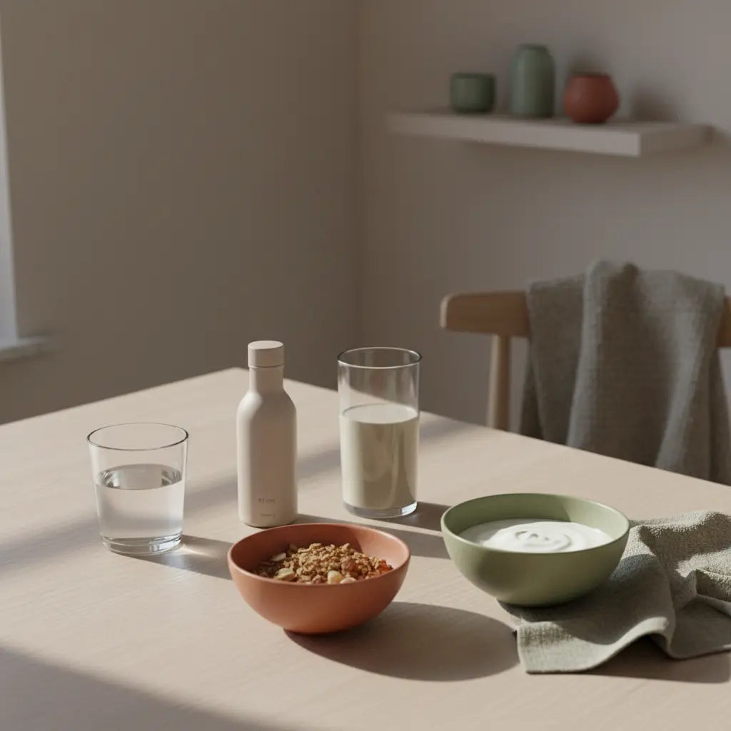 Minimalistisches Frühstück mit Granola, pflanzlichem Joghurt, Nüssen, Shake und einem kreatin vegan Produkt in ruhiger, erdiger Vegardians-Farbwelt.