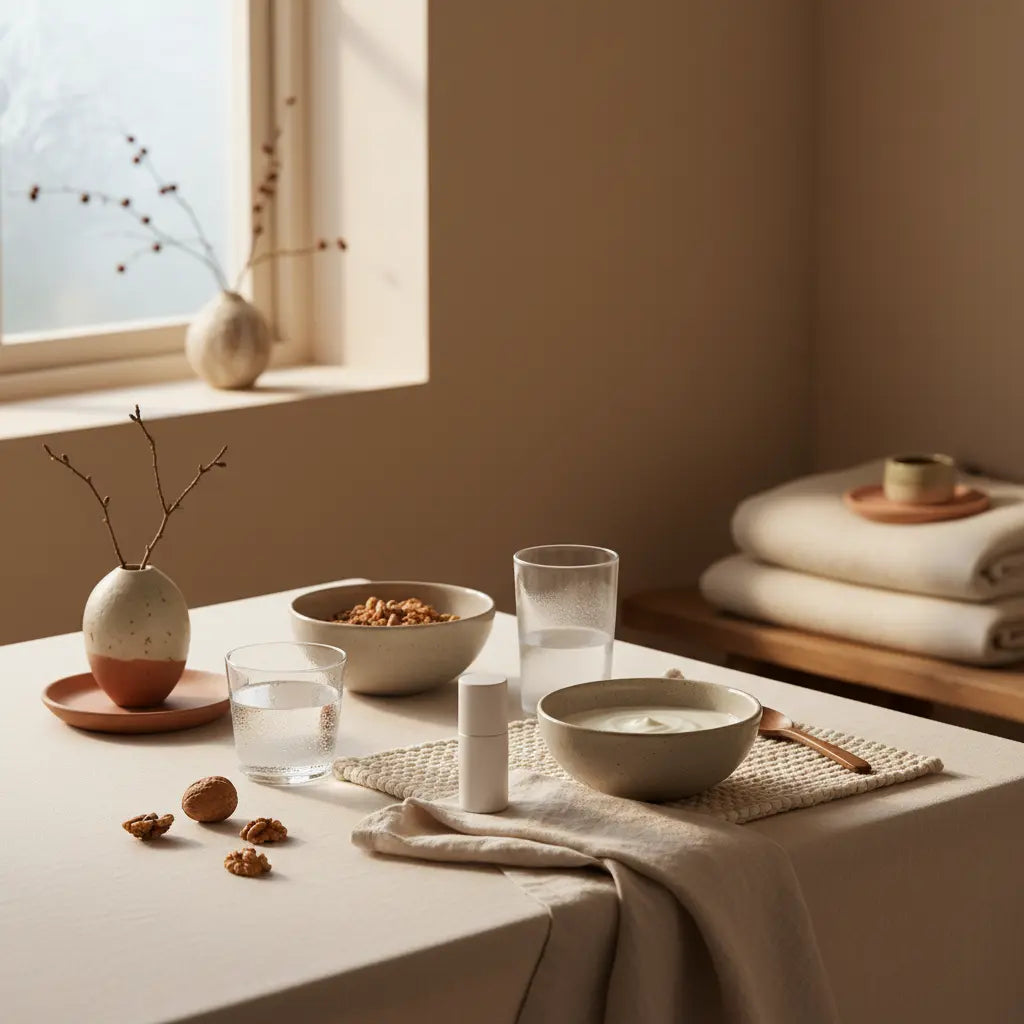 Kreatin Wirkung: Minimalistisches nachhaltiges Frühstück in europäischer Küche mit Granola, pflanzlichem Joghurt, Nüssen und Shake-Glas in warmen Beige- und Salbeitönen.