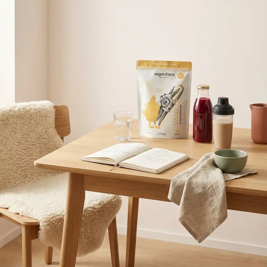 Minimalistische Trainingsküche in Morgenlicht mit Glas Wasser, Rote‑Bete‑Saft, pflanzlichem Shake im Shaker und offenem Notizbuch – L-Citrullin Dosis