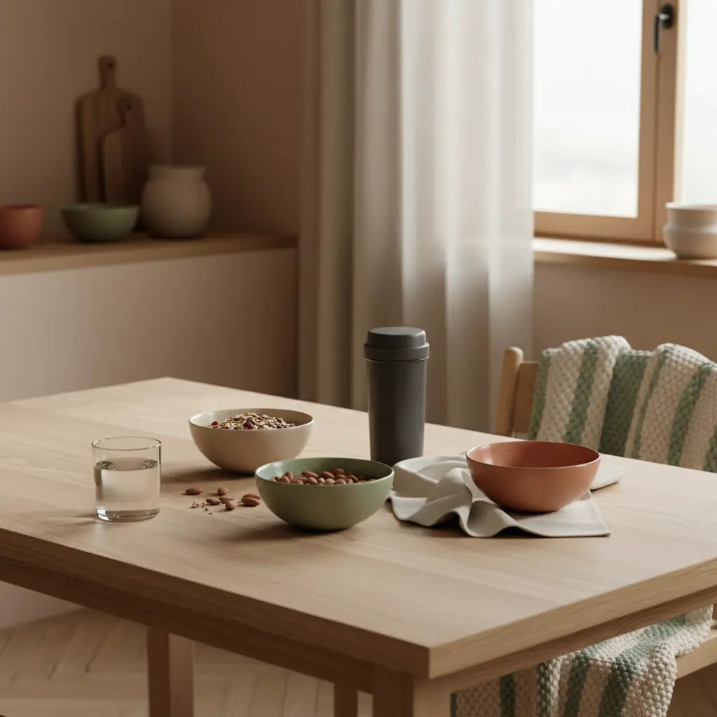 Minimalistisches Frühstück mit Müsli, Nüssen, Glas Wasser und Shaker in ruhiger Morgenstimmung – bewusstes Essen für langfristig abnehmen.