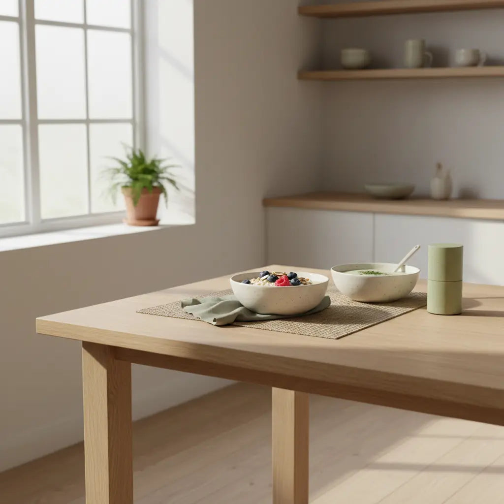 Minimalistische Morgenaufnahme: nachhaltiger Holztisch mit veganem proteinreichen Müsli, Nüssen, Beeren und Shake; stimmig für langfristig abnehmen.