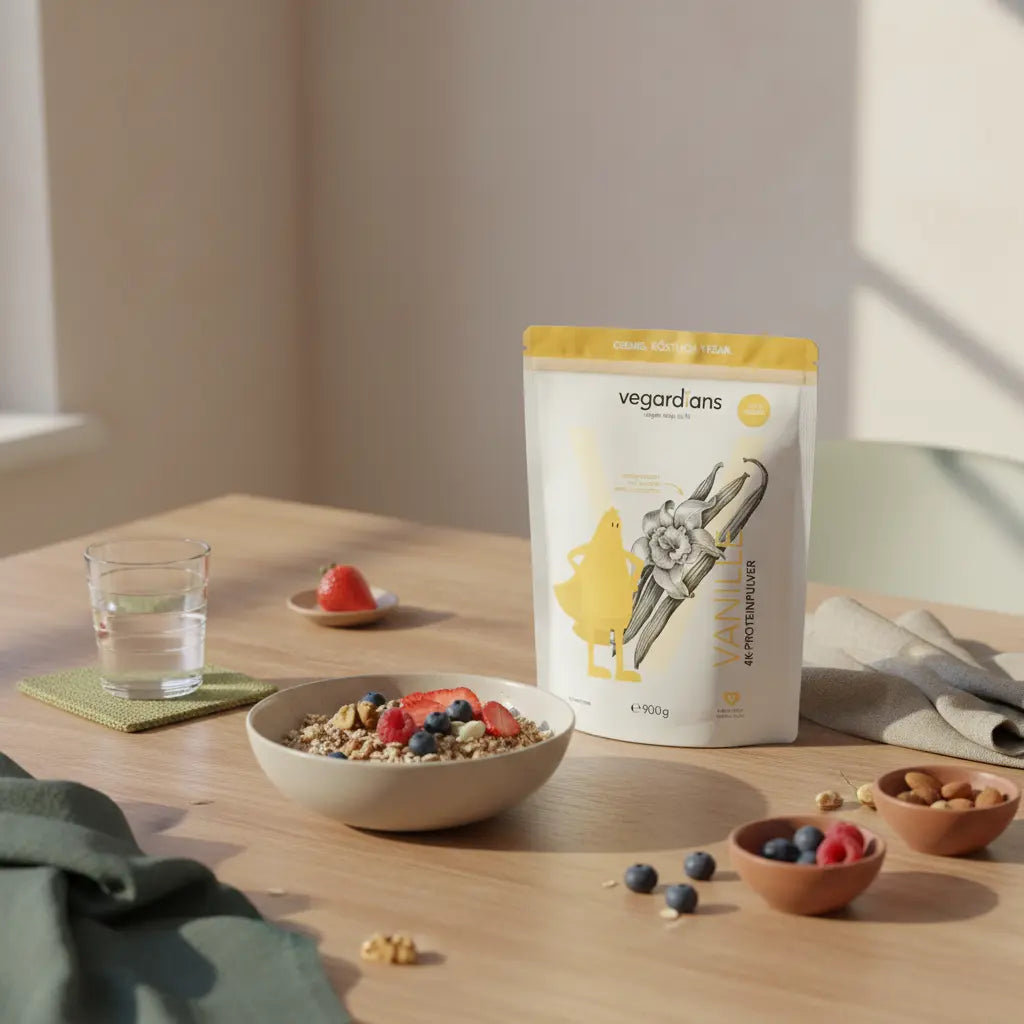 Minimalistisches Frühstück auf nachhaltigem Holztisch mit Müsli, Nüssen, Beeren, veganem Shake und Vegardians-Produkt im Morgenlicht – Fokus auf langsamer Stoffwechsel
