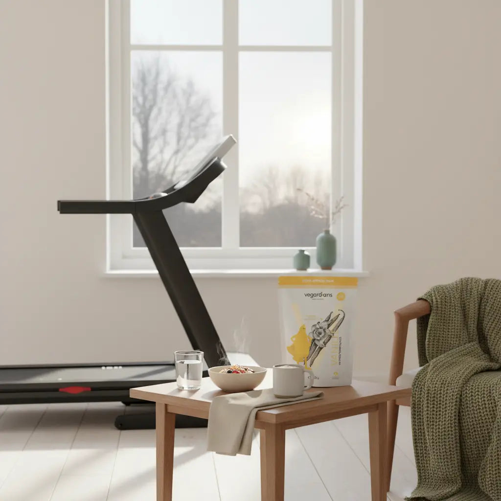 Minimalistische Wohnszene mit Laufband am Fenster, Holztisch mit Glas Wasser, Proteinshake und Haferflocken – ruhige Morgenstimmung, ideal für laufband gehen