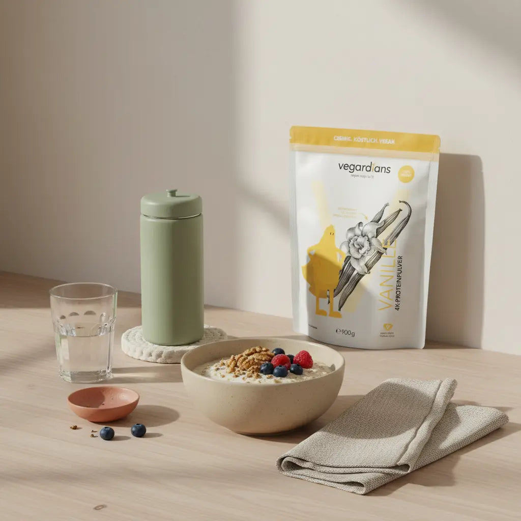Veganer Lean-Bulk-Tisch mit Haferbrei, Nüssen, Beeren und Protein-Shake auf nachhaltigem Holztisch im Morgenlicht – lean bulk ernährung