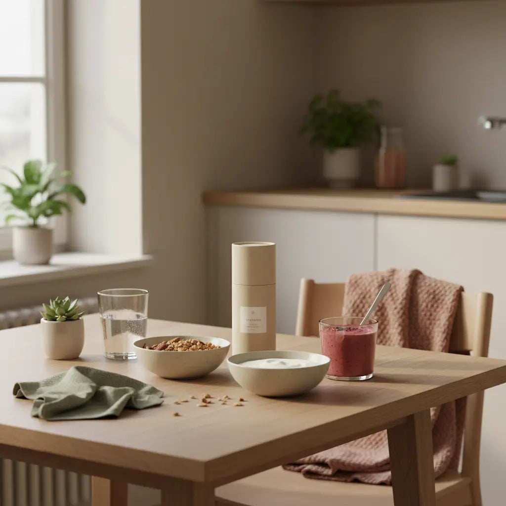 Morgenfrühstück mit Granola, pflanzlichem Joghurt und Shake auf nachhaltigem Holztisch in ruhiger, nährender Stimmung – Bild zum Thema Lebenserwartung Vegetarier