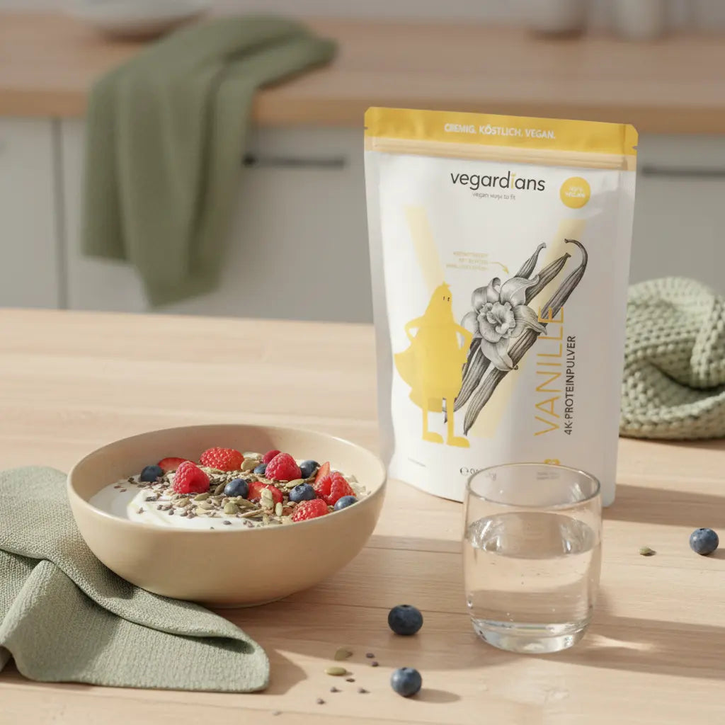 Vegane Protein-Bowl auf nachhaltigem Holztisch in sanftem Morgenlicht, gesundes Frühstück als Lebensmittel zum Abnehmen, Leinenserviette, Keramikschale, salbeigrüne Akzente