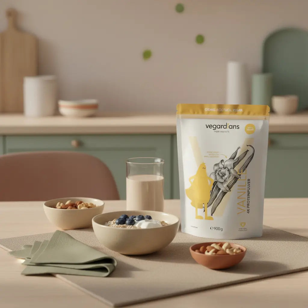 Veganes Frühstück mit Hafer, Beeren, Joghurt, Nüssen und Shake auf nachhaltigem Holztisch in ruhigem Morgenlicht – Lebensmittel zum Abnehmen