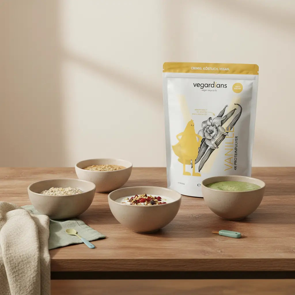 Minimalistische Morgenküche mit veganer Mahlzeit (Haferbrei, Joghurt, Nüsse) und Proteinshake auf nachhaltigem Holztisch – Lebensmittel zum Abnehmen, ruhige nährende Stimmung.