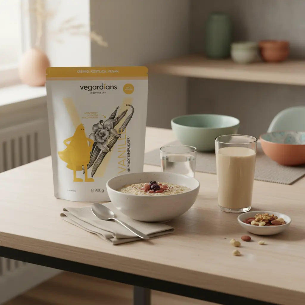 Veganes Frühstück mit Haferbrei, Glas Wasser, Nüssen und Protein‑Shake auf nachhaltigem Holztisch in sanftem Morgenlicht; Lebensmittel zum Fettabbau, ruhige beige‑salbei‑Terrakotta‑Palette.