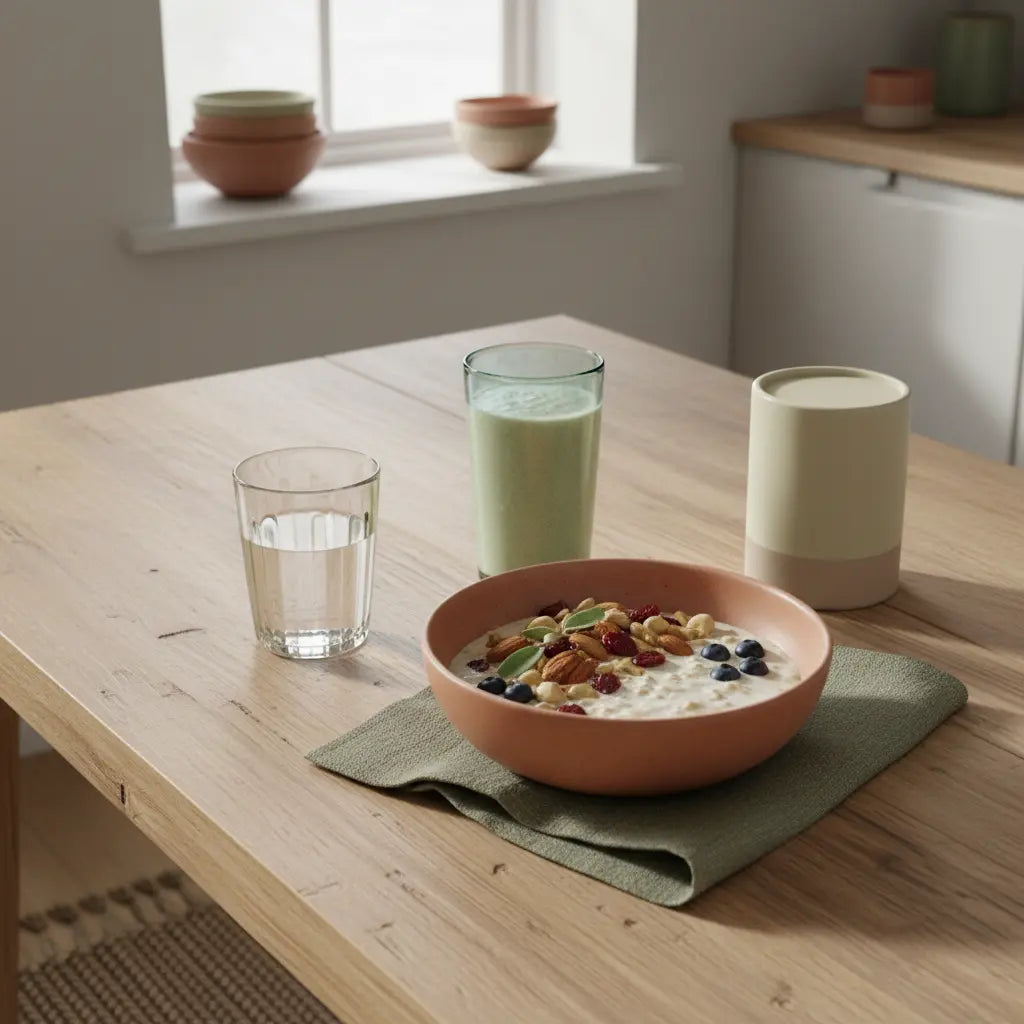 Veganer Frühstückstisch im Morgenlicht mit Glas Wasser, Hafer mit Nüssen und Beeren, pflanzlicher Shake und Produkt aus den Referenzfotos – Leber entgiften Abnehmen.