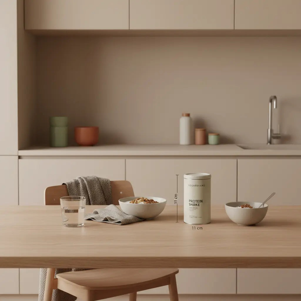 Minimalistische Morgen-Tischszene mit veganem Müsli, Proteinshake und Glas Wasser für Leberreinigung abnehmen, ruhige beige-salbei Farbpalette