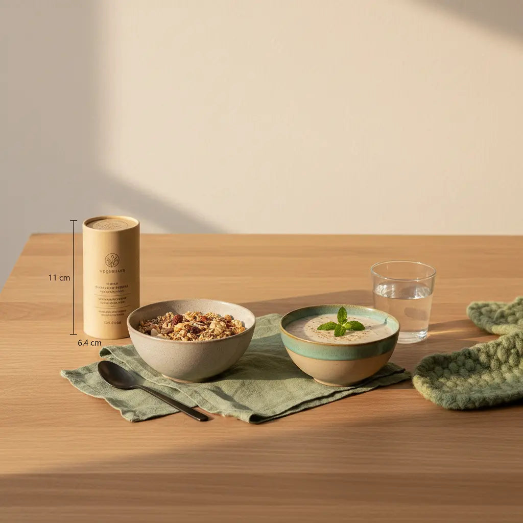 Veganes Frühstück mit Müsli, Hafer‑Smoothie und Glas Wasser auf nachhaltigem Holztisch im sanften Morgenlicht; minimalistisch, Brand-Farbpalette #F7EDE6/#B0BF71; leucin muskelaufbau