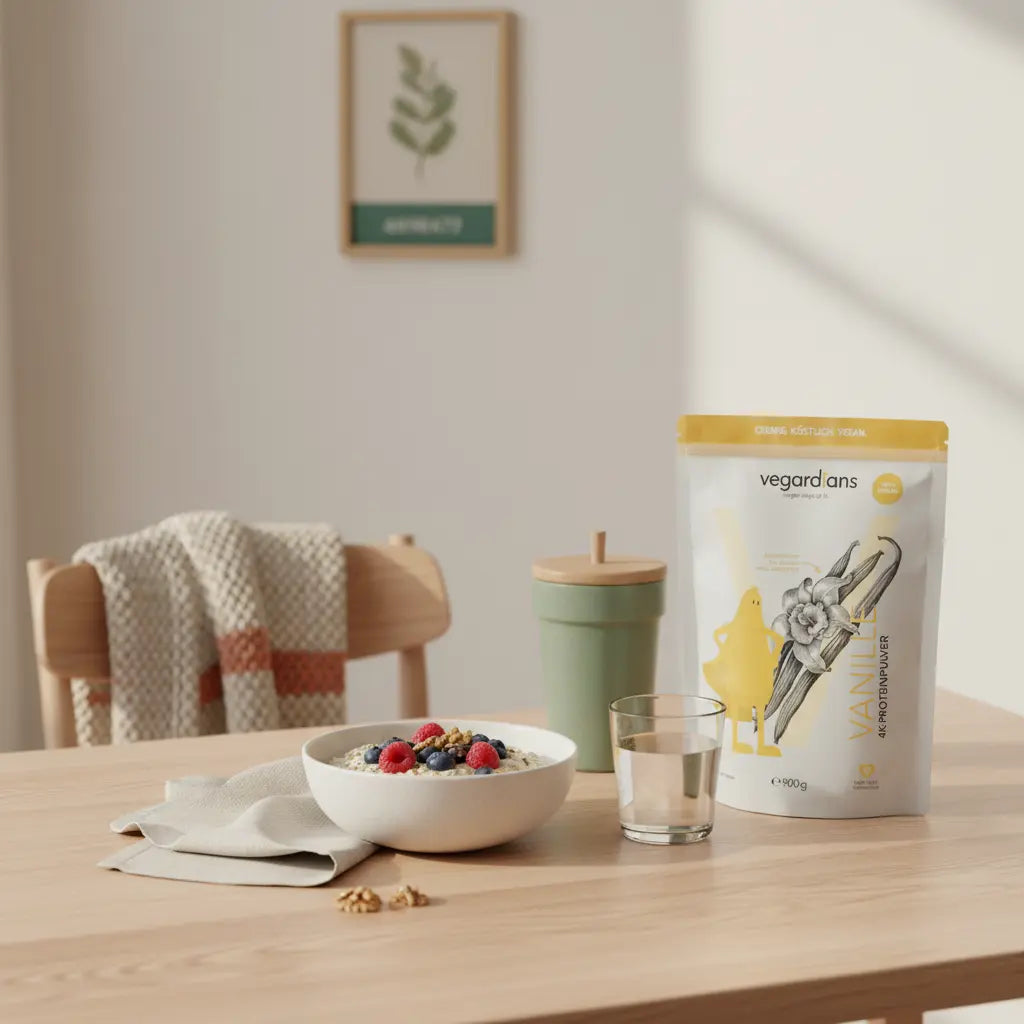 Veganes Frühstück mit Hafer, Beeren und Nüssen, Shakeglas und Wasserglas auf nachhaltigem Holztisch in ruhigem Morgenlicht, minimalistisch gestaltet – leucin muskelaufbau