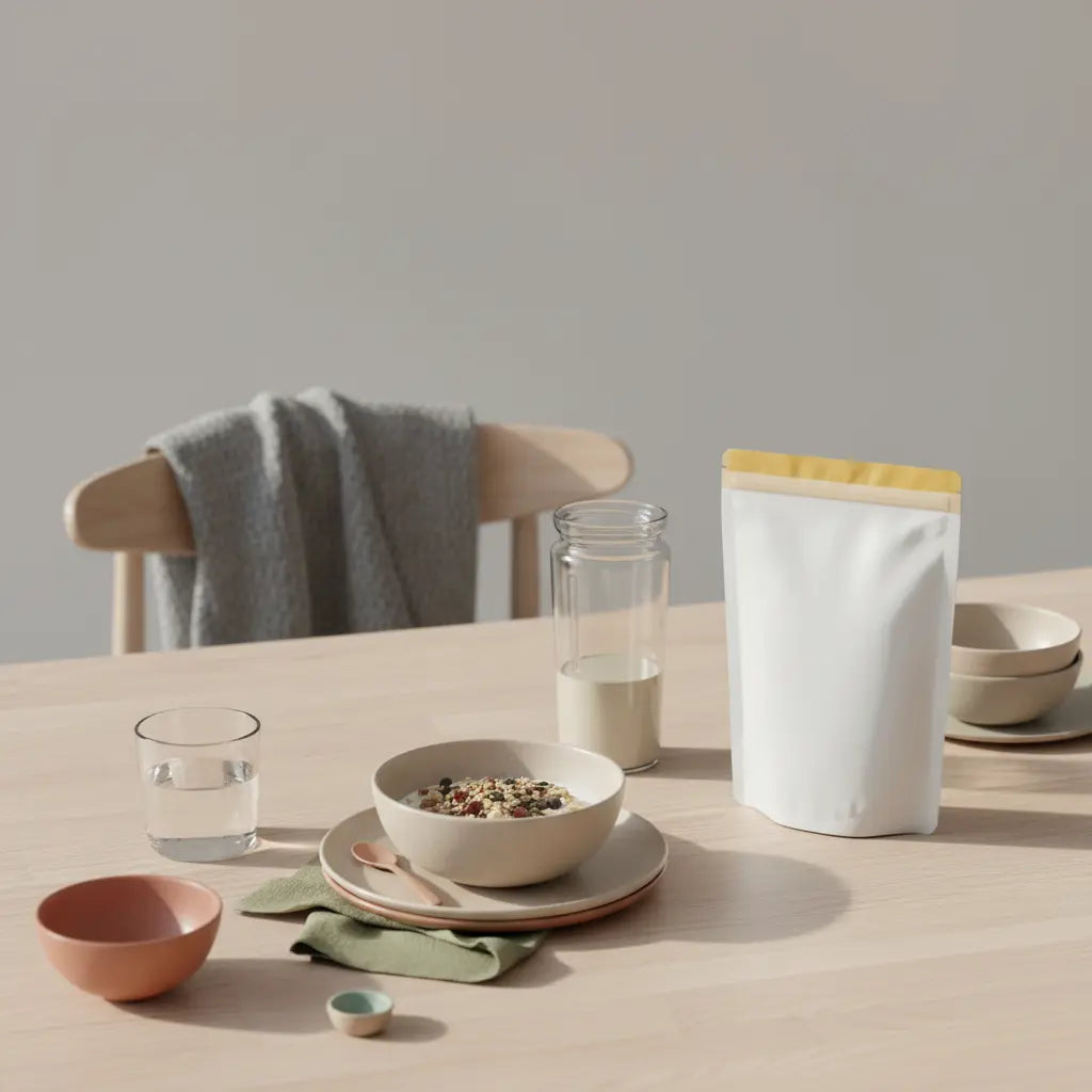 Minimalistisches Frühstück auf Holztisch mit Müsli, Nüssen, Shakeglas und Vegardians-Produkt im Morgenlicht – low carb abnehmen