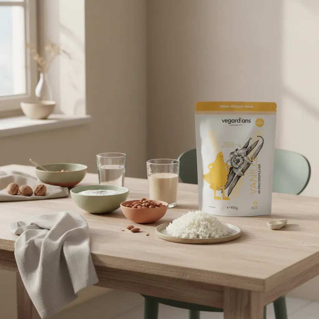 Low-Carb Frühstück auf nachhaltigem Holztisch: Joghurt‑Alternative, gehackte Nüsse, Proteinshake, Glas Wasser und Blumenkohlreis im sanften Morgenlicht.