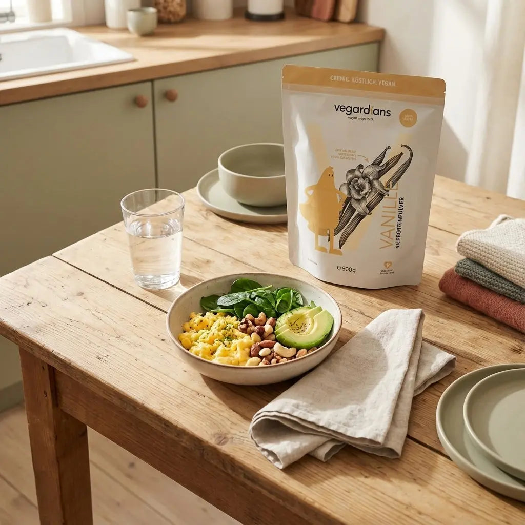 Morgendliche Küchenszene: low carb wirkung mit Rührei, Spinat, Avocado, Nüssen, Glas Wasser und pflanzlichem Proteinpulver auf minimalistischem Holztisch.