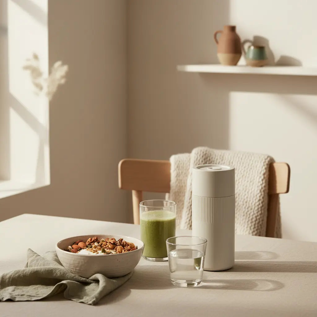 Minimalistisches Frühstücksstillleben mit Granola, veganem Joghurt, Nüssen und Shake in erdigen Vegardians-Farben; ruhige Küche, lustige Motivationssprüche.