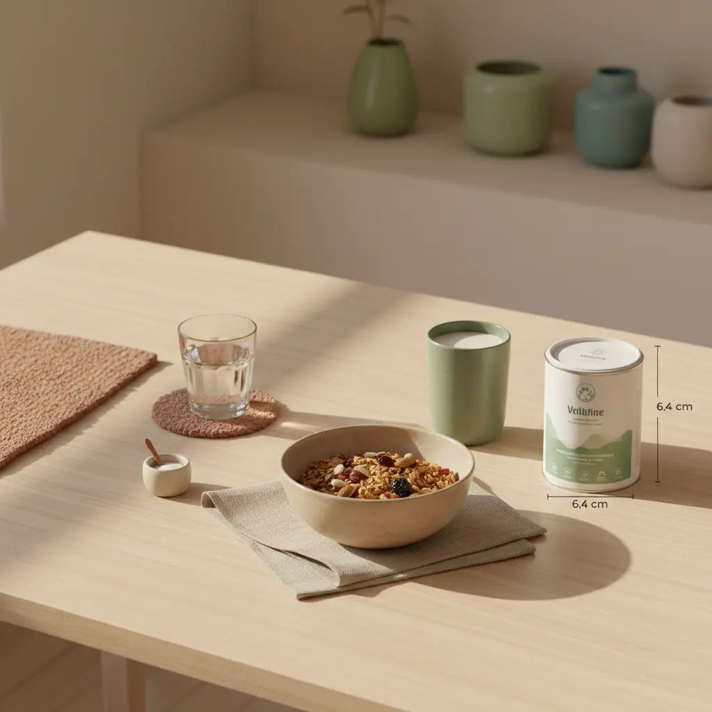 Minimalistisches Morgenfrühstück mit Glas Wasser, Müsli, Nüssen, veganem Shake und dem Produkt aus den Referenzfotos auf nachhaltigem Holztisch – Magenband-Hypnose Kosten