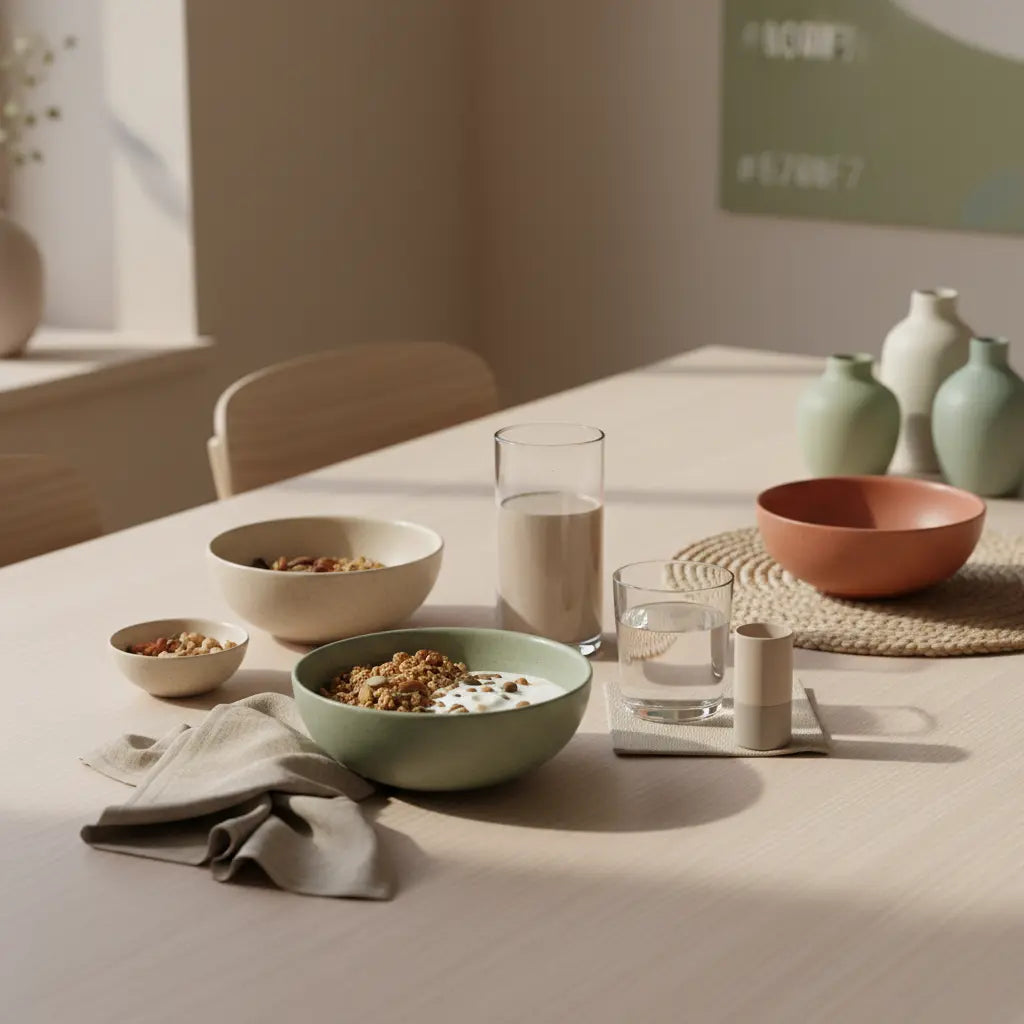 Minimalistisches Frühstück mit Granola, Joghurt, Nüssen und Shake auf Holztisch, Produkt aus den Referenzfotos — mageres Eiweiß.