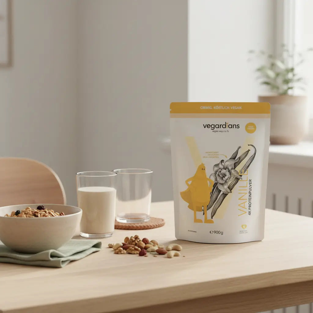 Mahlzeitenersatz Riegel auf nachhaltigem Holztisch mit Müsli, pflanzlichem Shake und winterlichen Leinen- und Wolltexturen im sanften Morgenlicht