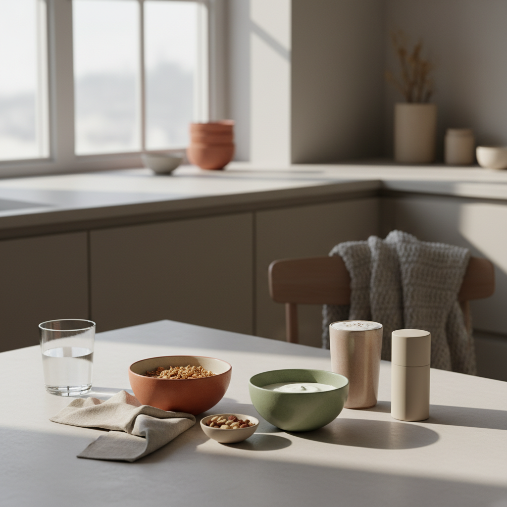 Minimalistischer Frühstückstisch mit Granola, pflanzlichem Joghurt, Nüssen und Shake in ruhiger Morgenstimmung – Mangelerscheinungen vegan vorbeugen